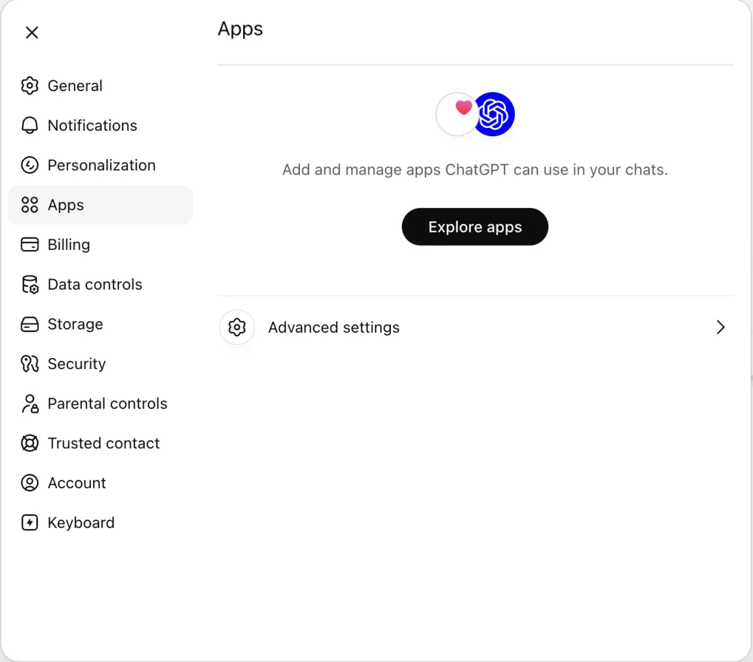 ChatGPT Connectors settings — click Advanced settings