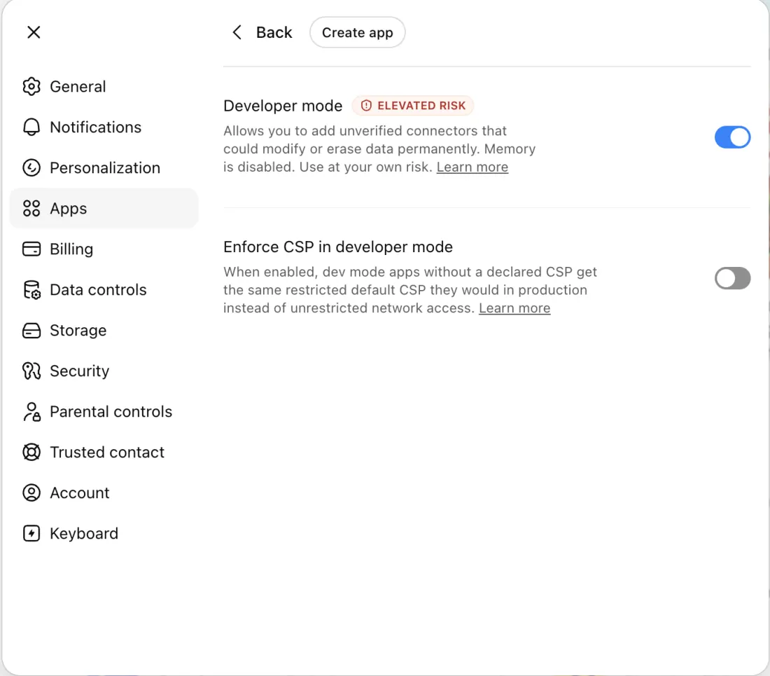 ChatGPT advanced settings — activate Developer mode and click Create app