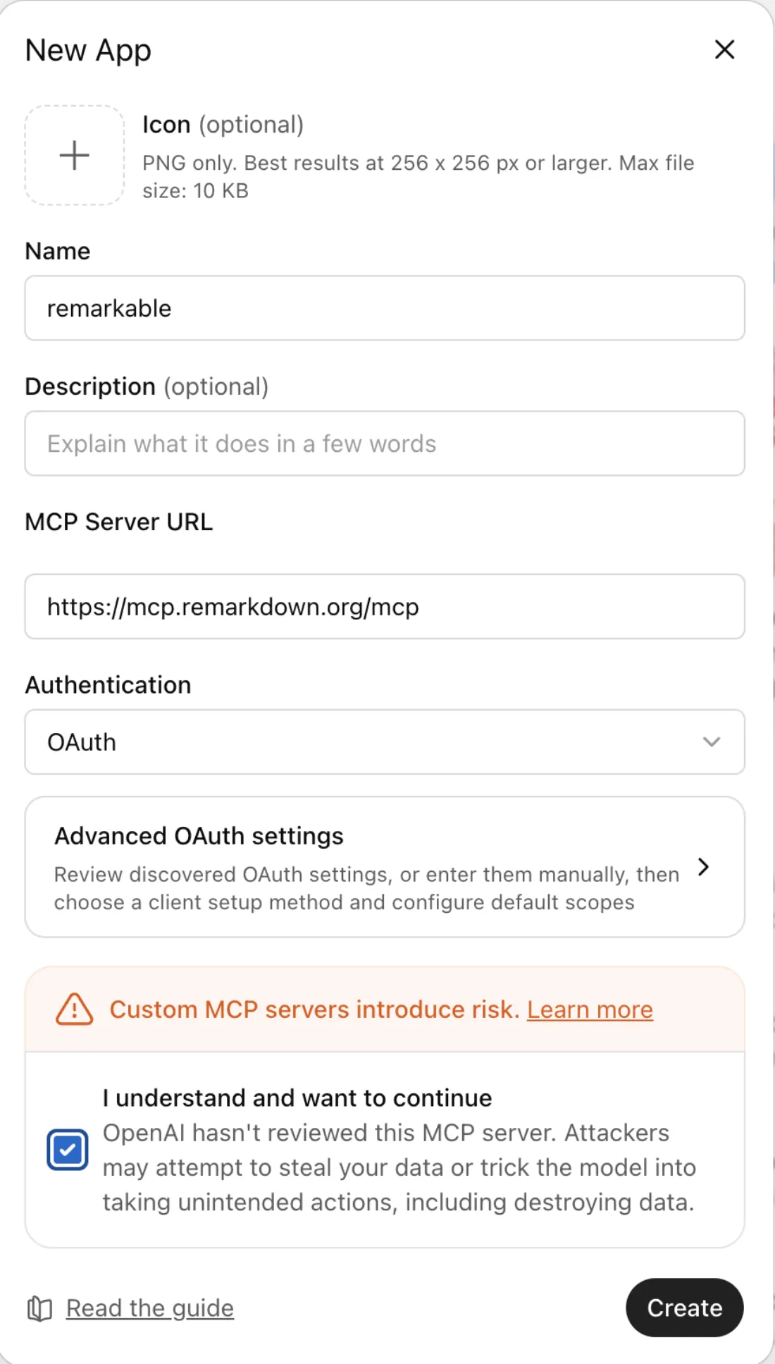ChatGPT Create app form filled with the remarkdown URL