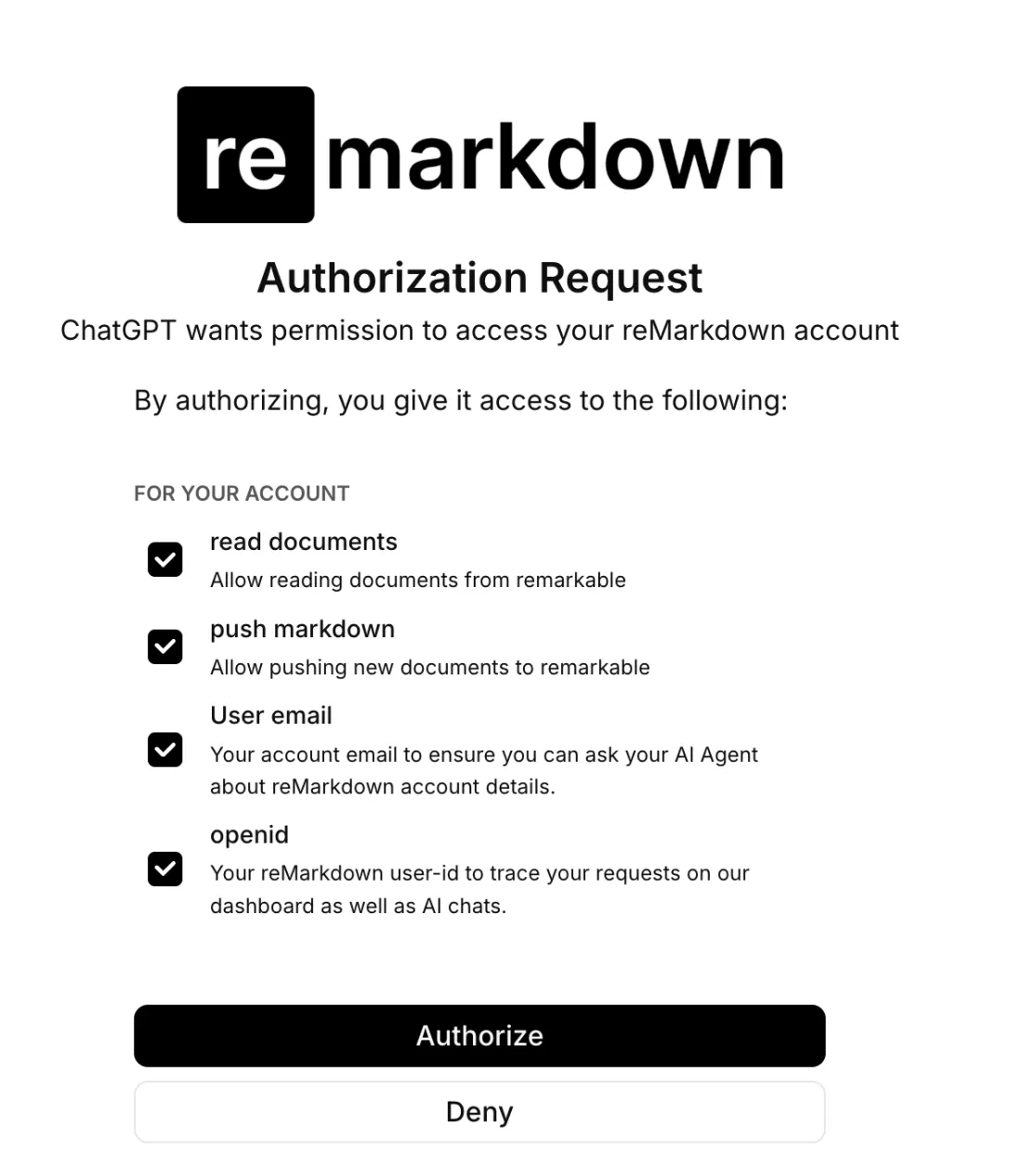 OAuth authorization screen for remarkdown