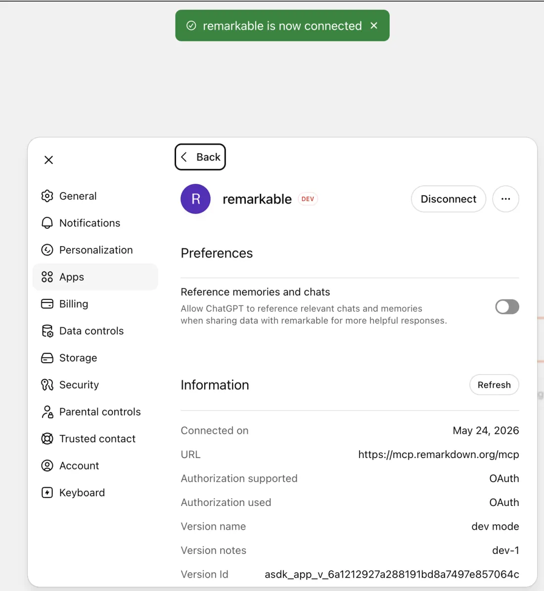 ChatGPT confirms the remarkdown connector is added